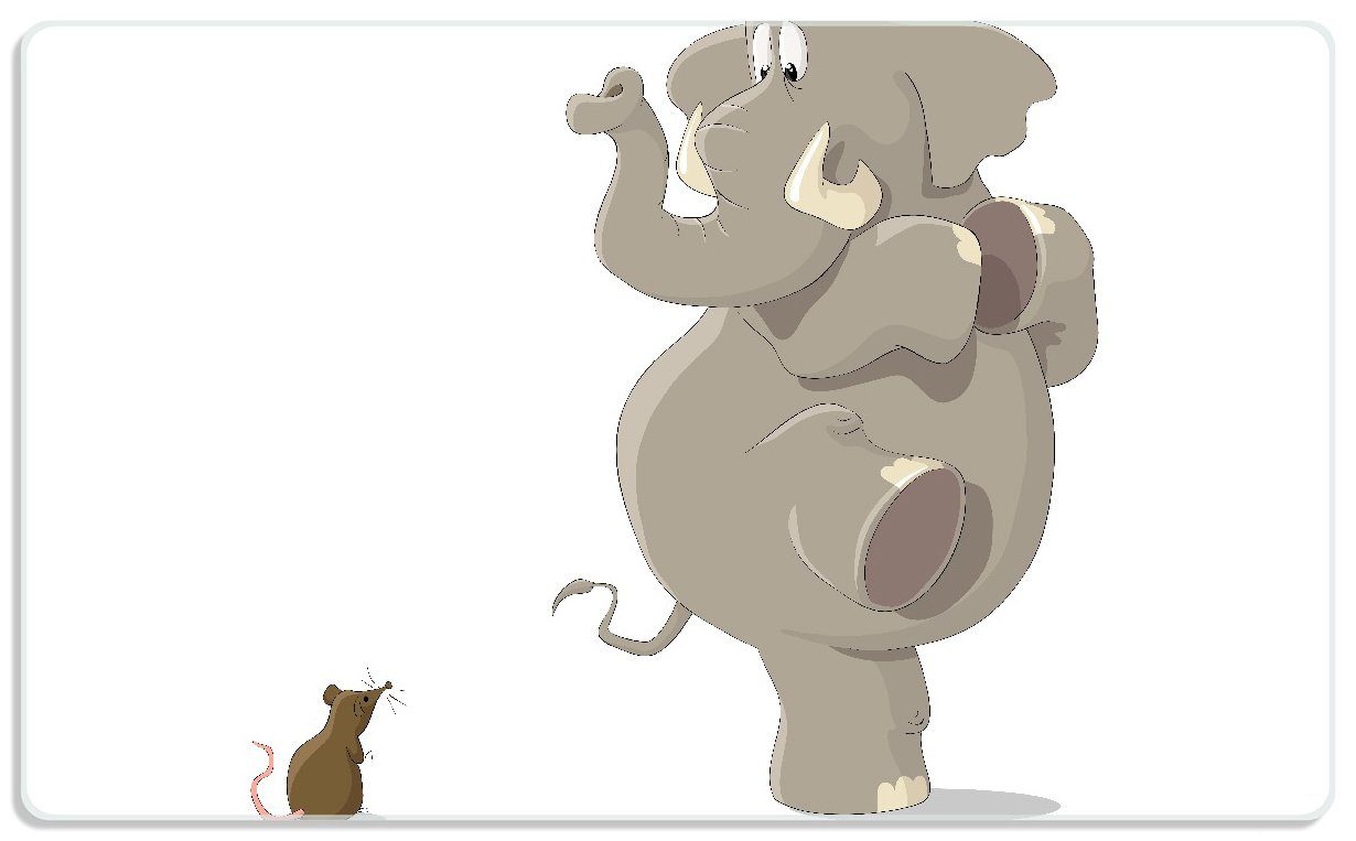 Wallario Frühstücksbrett Elefant erschrickt vor Maus, ESG-Sicherheitsglas, (inkl. rutschfester Gummifüße 4mm, 1-St), 14x23cm
