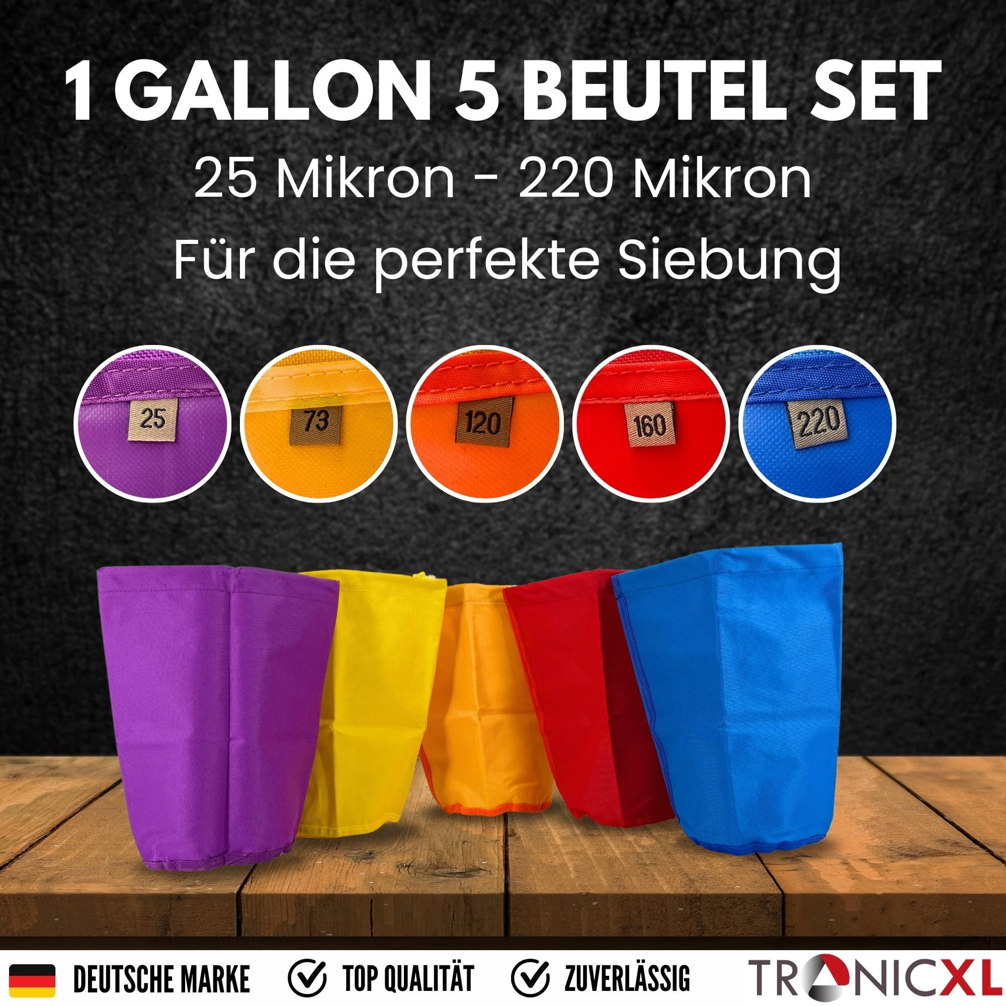 TronicXL Gartensieb 5er Bubble Bags 1 Gallone Grow Hash Kräuter Presssieb Extraktion, feine Löcher, Zubehör für Growbox
