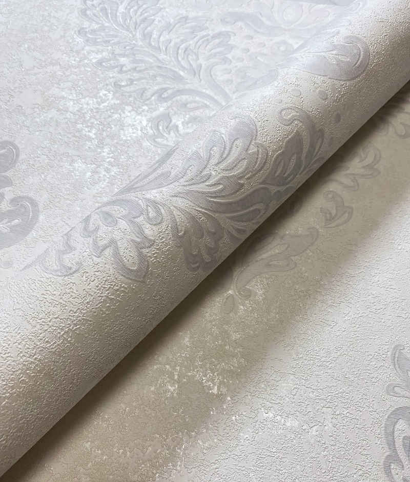 Newroom Vliestapete, Weiß Tapete Barock Ornament - Barocktapete Grau Glamour Modern Prunk für Wohnzimmer Schlafzimmer Küche