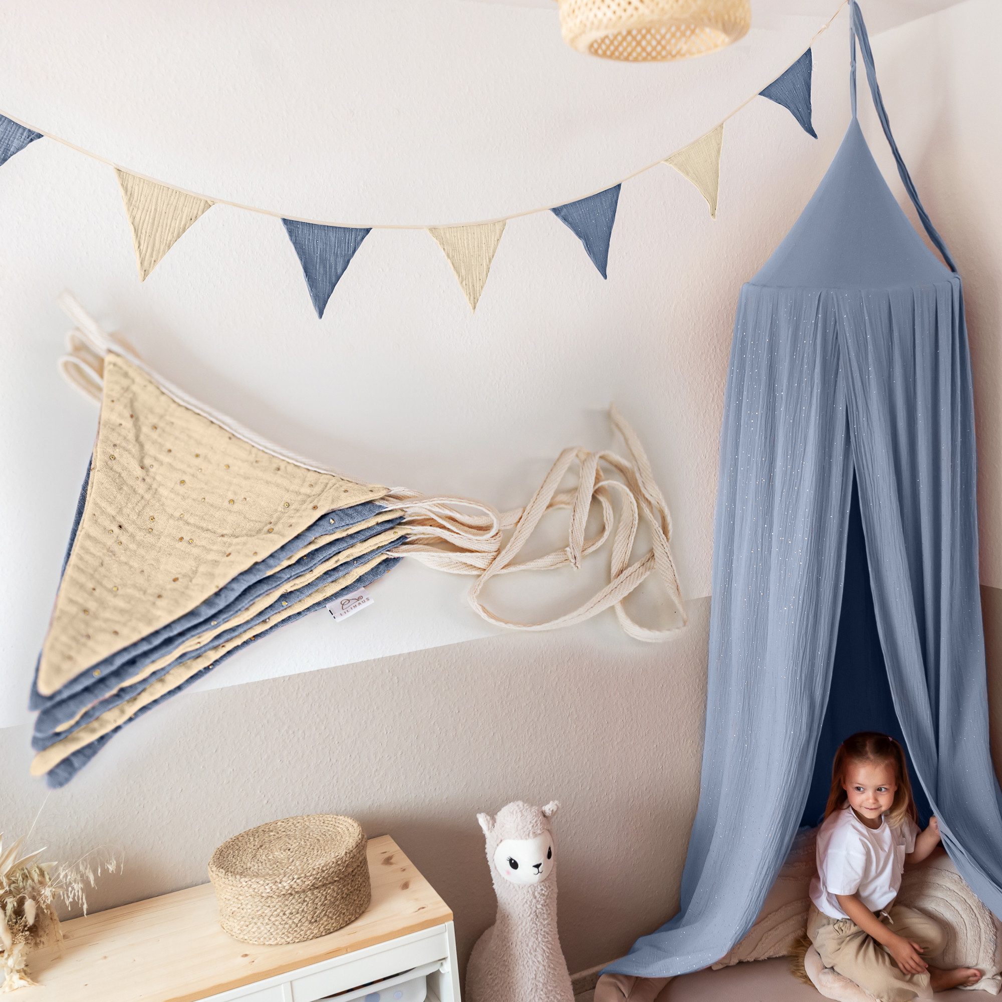 lilimaus Wimpelkette Sternenkette für Kinderzimmer - handgenähte Stoff-Girlande, handgefertigte Stoff-Girlande ca. 300 cm - Wimpel oder Sterne