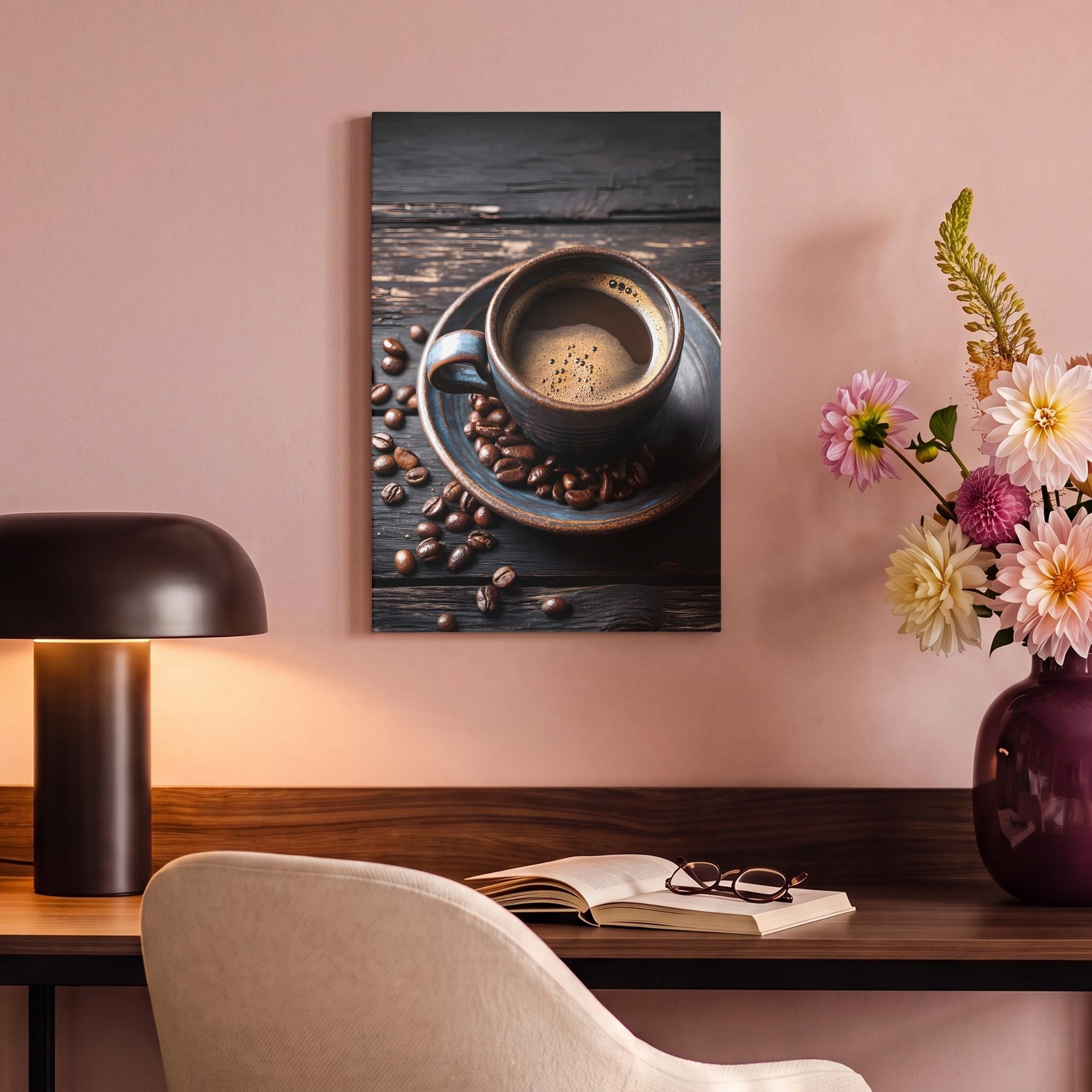 OneMillionCanvasses® Leinwandbild Tasse - Kaffee - Holz - Bohnen, Fotodruck (1 St), Wandbilder für Esszimmer, Wanddeko Bilder Küche, 20x20 cm – Bild 4 von 5