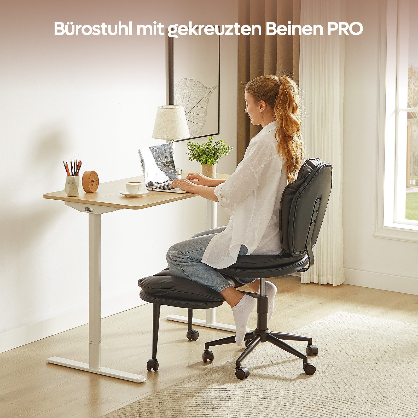 Pinmoco Polsterstuhl Bürostuhl, mehrfach drehbarer Stuhl mit Beinschwenkfunktion