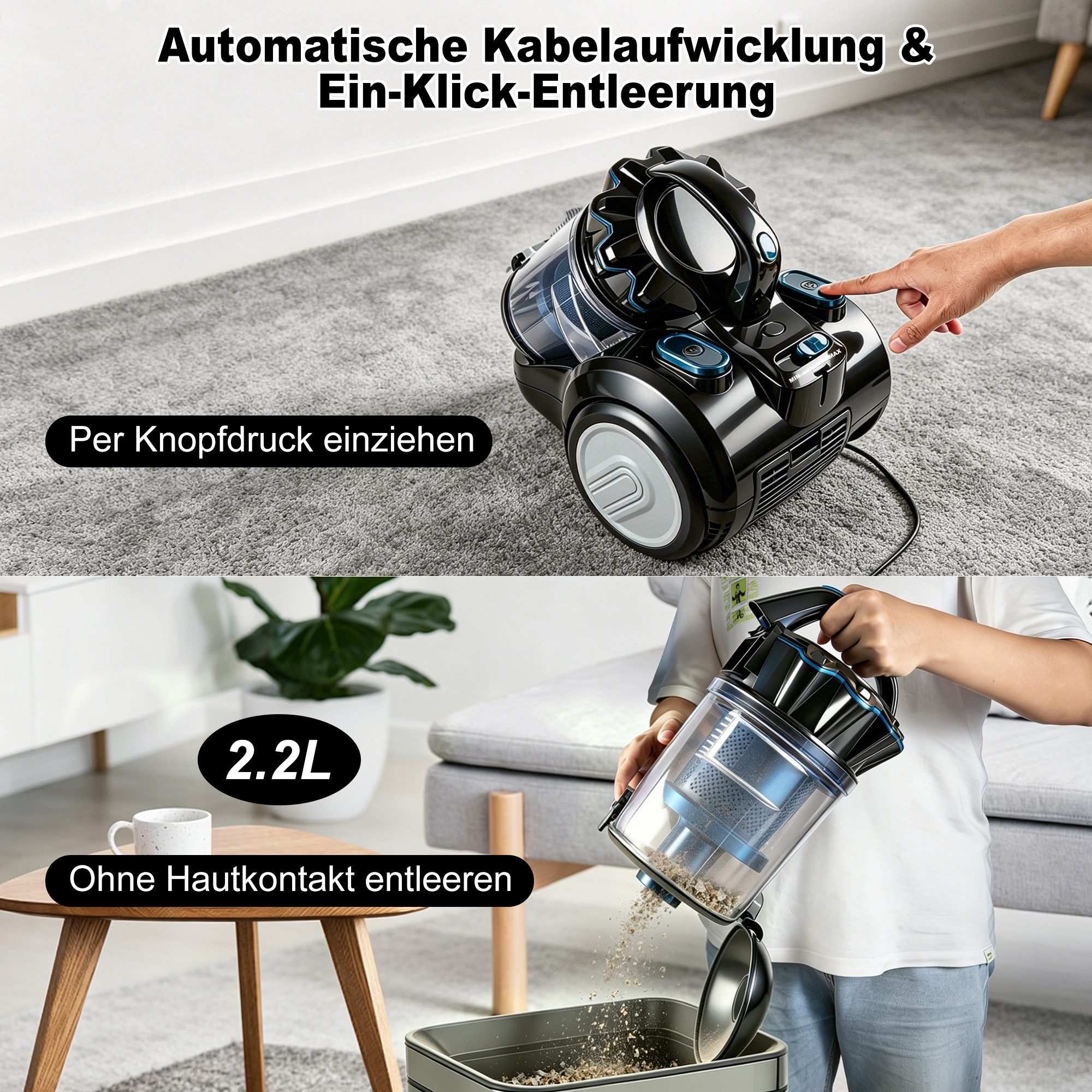 ibettertec Bodenstaubsauger staubsauger beutellos, Hygiene-Filter, hohe Saugkraft, 900 W, kompakt für Hartboden/Teppich, Turbodüse, Polsterdüse, 6m langes Kabel – Bild 5 von 5