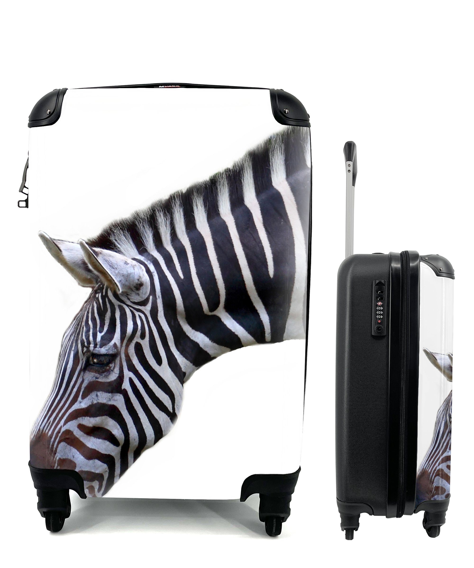 MuchoWow Handgepäckkoffer Hals und Kopf eines Zebras auf weißem Hintergrund, 4 Rollen, Reisetasche mit rollen, Handgepäck für Ferien, Trolley, Reisekoffer