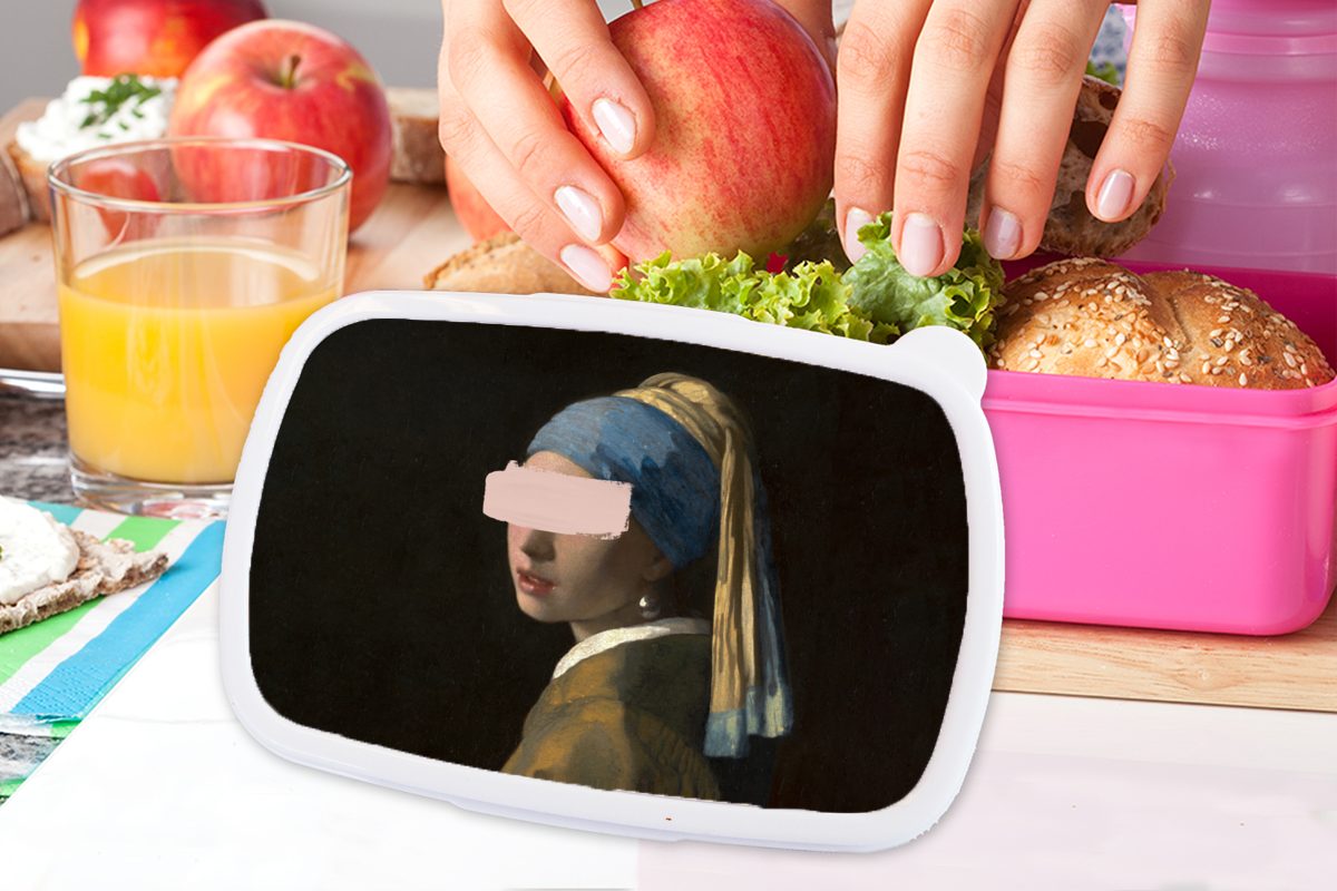rosa Lunchbox (2-tlg), mit Mädchen, Erwachsene, Perlenohrring Kunststoff MuchoWow Snackbox, für Vermeer - Gemälde, Brotbox Brotdose Kinder, Mädchen - Kunststoff,