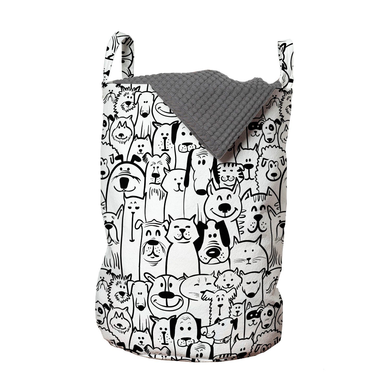 Abakuhaus Wäschesäckchen Wäschekorb mit Griffen Kordelzugverschluss für Waschsalons, Hunde Monochrom-Gekritzel-Kunst Tiere