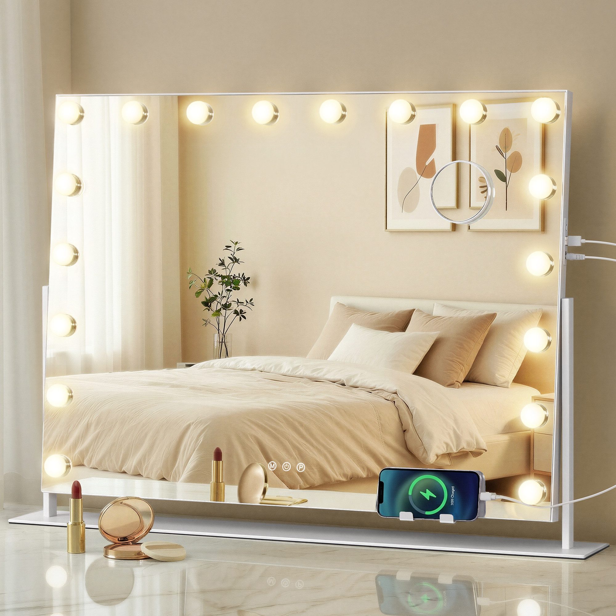 SONGMICS Schminkspiegel mit Beleuchtung, Kosmetikspiegel Touch-Steuerung, dimmbar, Handyhalter, mit 18 LED-Glühbirnen, mit USB-A und USB-C, 80 x 60 cm