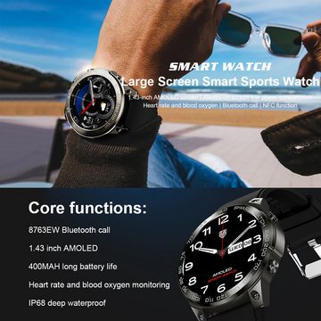 IBETTER Smartwatch Damen Herren Smartwatch (3.63 cm/1,43" AMOLED Touchscreen Display Zoll) Überwachung des Blutsauerstoffs, NFC-Zugangskontrolle IP68 wasserdicht, Herzfrequenzmesser, Analyse von EKG-Daten