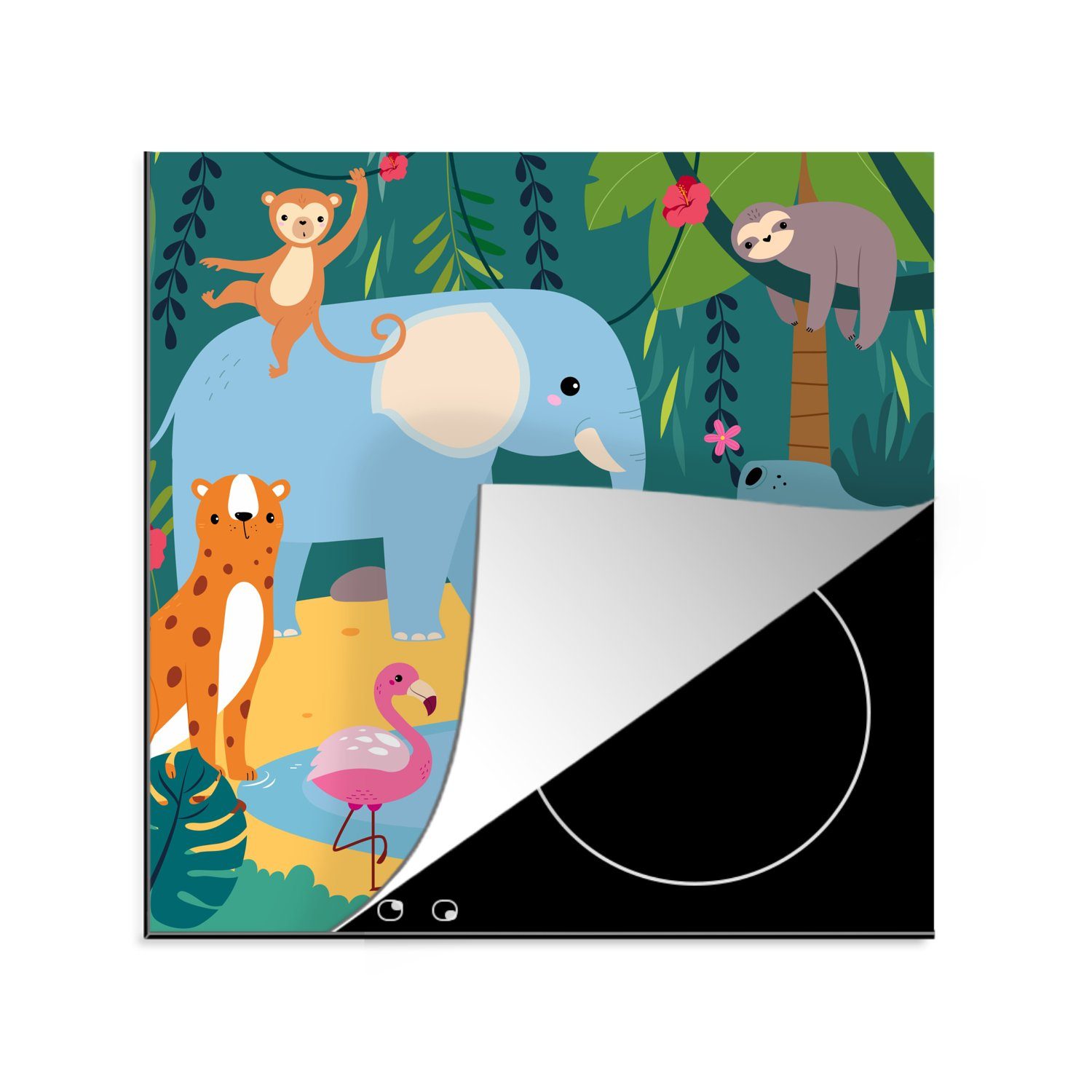 MuchoWow Herdblende-/Abdeckplatte Dschungel - Elefant - Tiere, Vinyl, (1 tlg), 78x78 cm, Ceranfeldabdeckung, Arbeitsplatte für küche