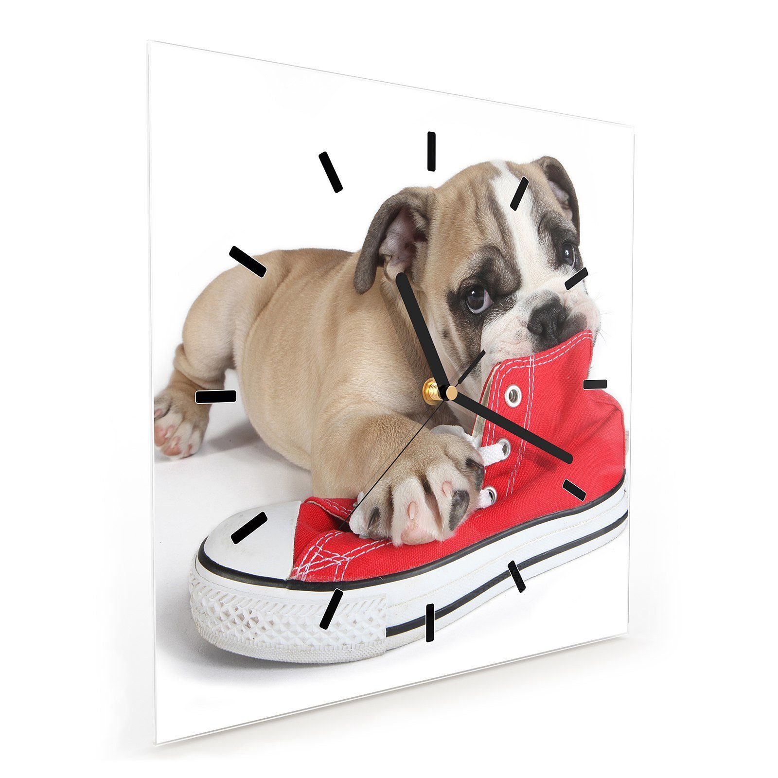 Primedeco Wanduhr Glasuhr 30 Hund Größe cm x 30 Wandkunst mit Schuh Motiv Wanduhr mit