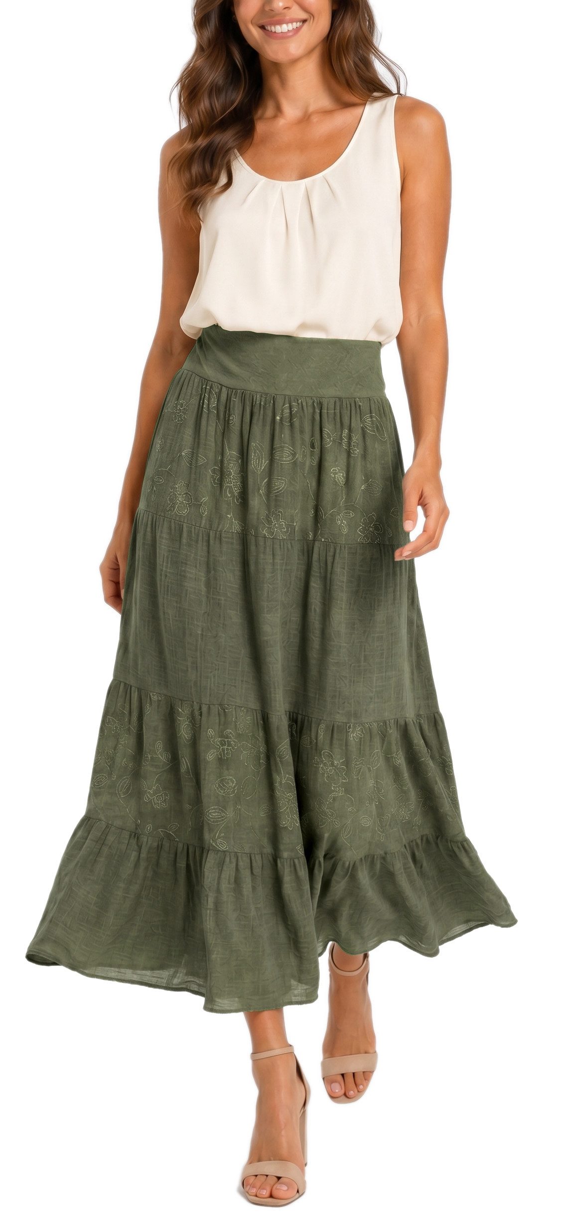 dy_mode Maxirock Damen Maxirock Luftiger Stufenrock Langer Baumwollrock Sommerrock in Unifarbe, mit Gummibund, Blumenstickerei