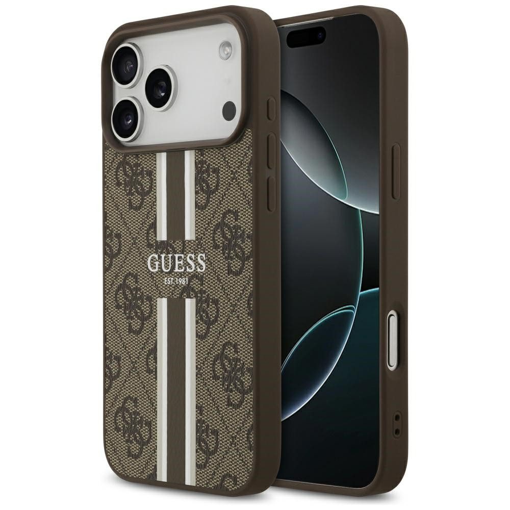Guess Handyhülle Case iPhone 17 Pro Max MagSafe Kunstleder braun Logo Streifen 6,9 Zoll, Kantenschutz