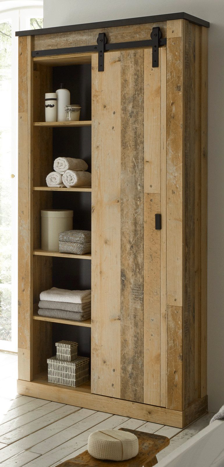 Furn.Design Hochschrank Stove (Badschrank Used Wood Design, 93 x 201 cm) mit Schiebetür