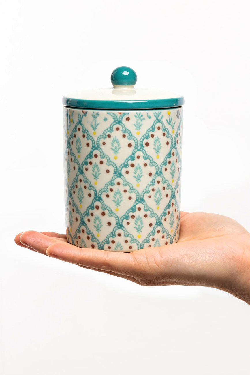 Tranquillo Badorganizer Steinzeug Aufbewahrungsdose ORIENTAL Ø8x12 cm spülmaschinengeeignet (Einzelartikel, Einzelne Aufbewahrungsdose, kein Set), Orientalisch gemusterte Steinzeugdose mit abnehmbarem Deckel