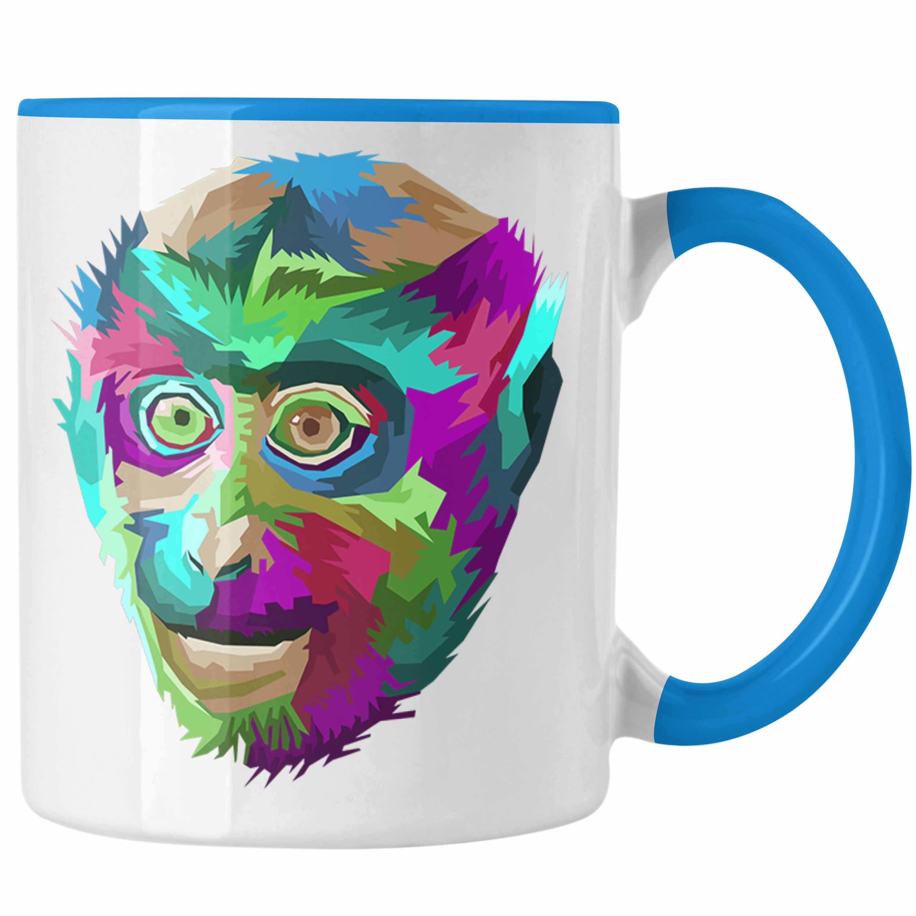 Trendation Tasse Trendation - Makaken Affen Art Tasse Geschenk Polygon Geschenkidee Blau