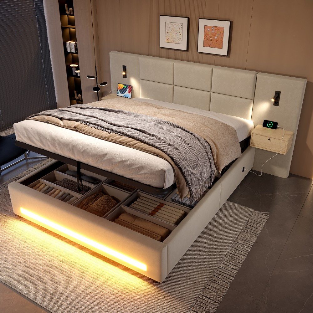 TavilaEcon Boxspringbett mit Samtkopfteil, praktischen Stauschubladen und LED-Nachtlicht (1-St), mit USB-C-Anschlüssen und robustem Metallgestell, 180×200cm, beige