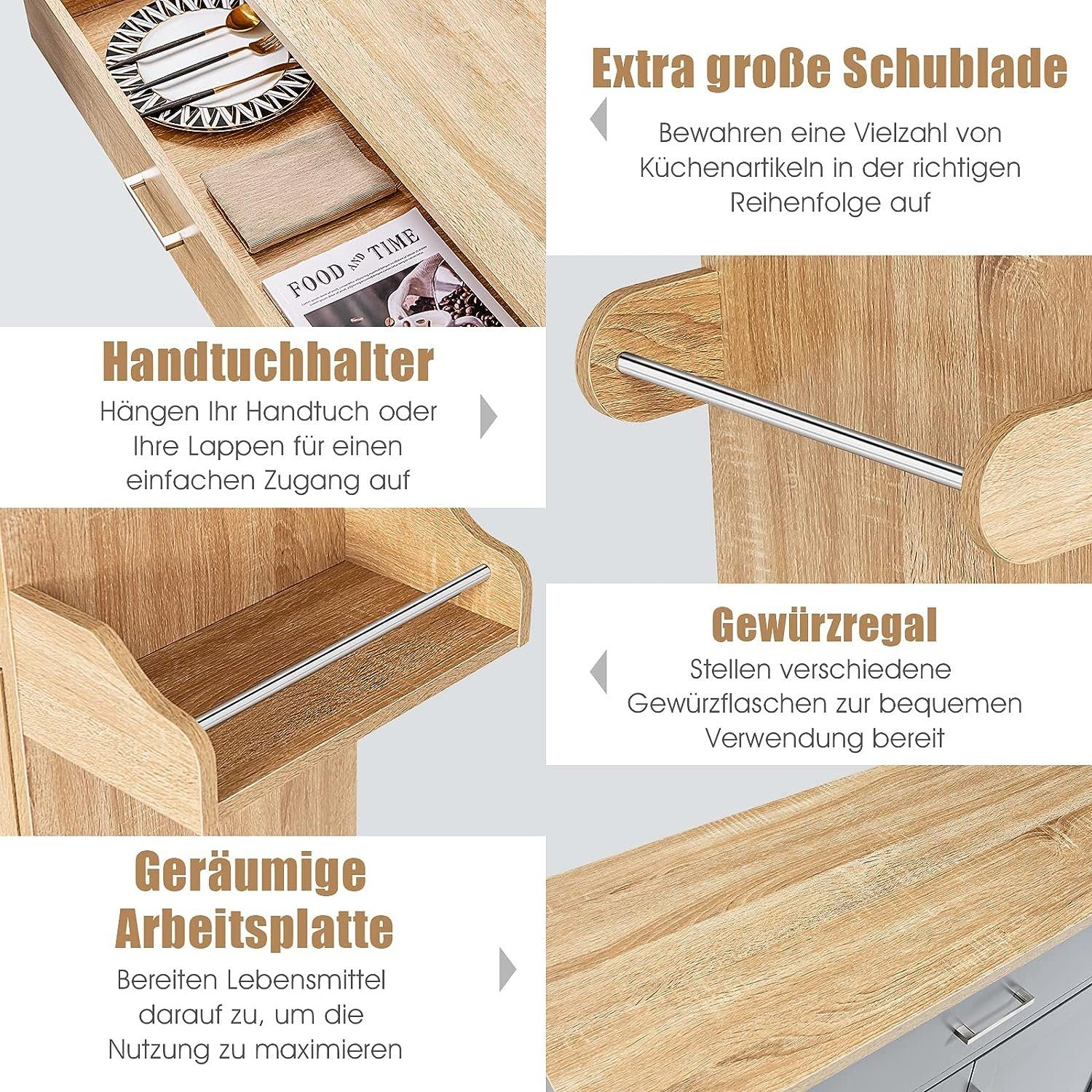 mit Schrank KOMFOTTEU Servierwagen Küchenwagen, Trennwand & natur Schublade,