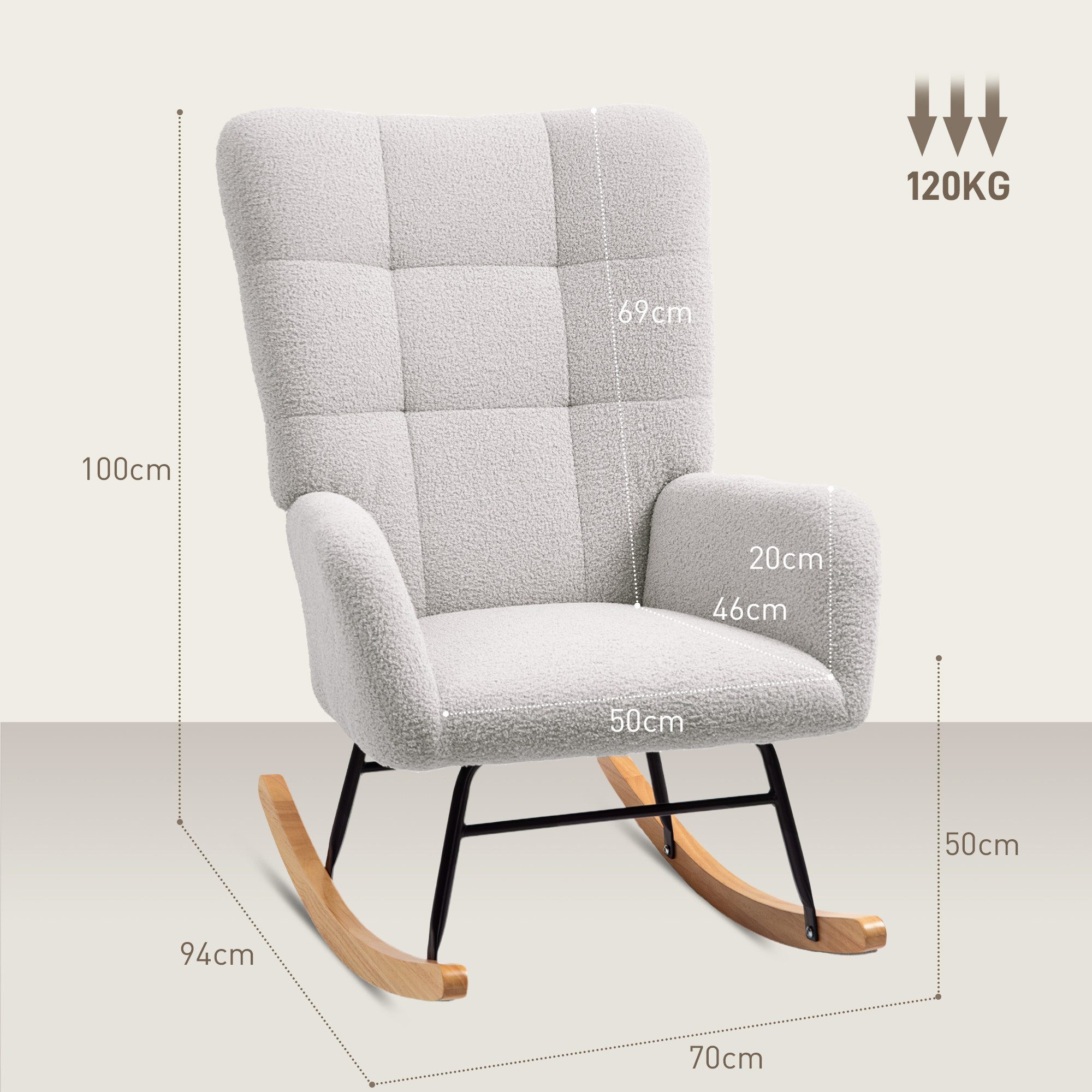 HOMCOM Schaukelstuhl Schaukelsessel mit Armlehne, Teddysamt-Optik (Relaxsessel mit Holzkufen, Schwingsessel, 1 St), Stillsessel für Schlafzimmer, Wohnzimmer, Grau