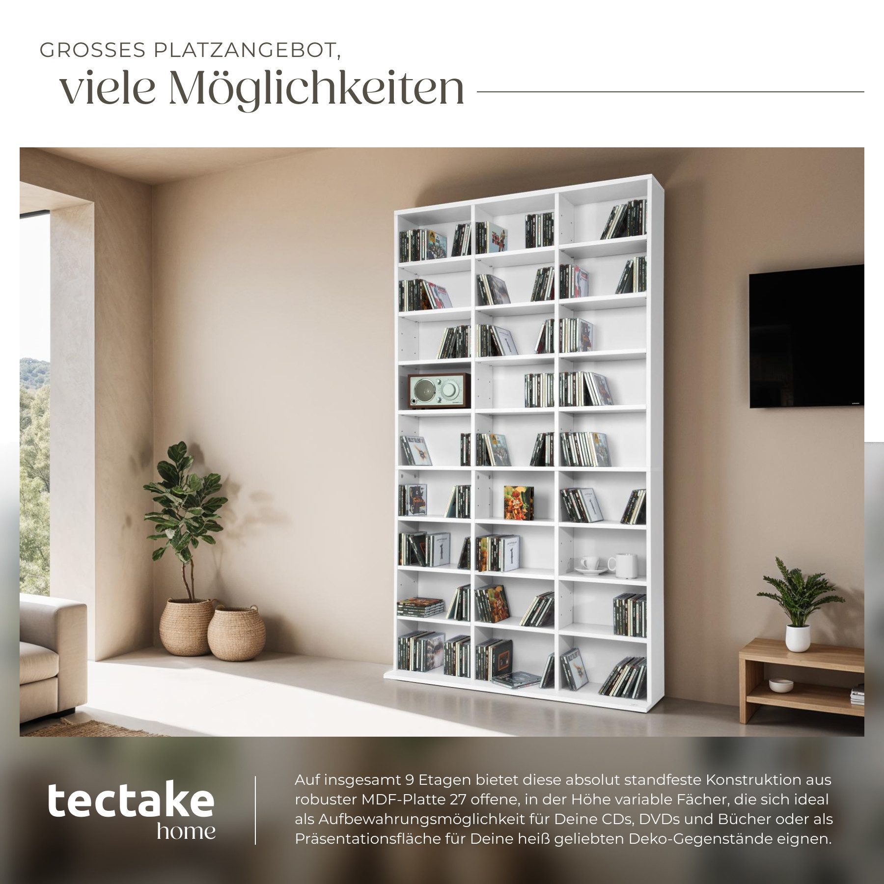 tectake CD-Regal Medienregal Christel in Holzoptik 180x102x23,5cm, Sammlerset 1-tlg., höhenverstellbare und herausnehmbare Zwischenböden