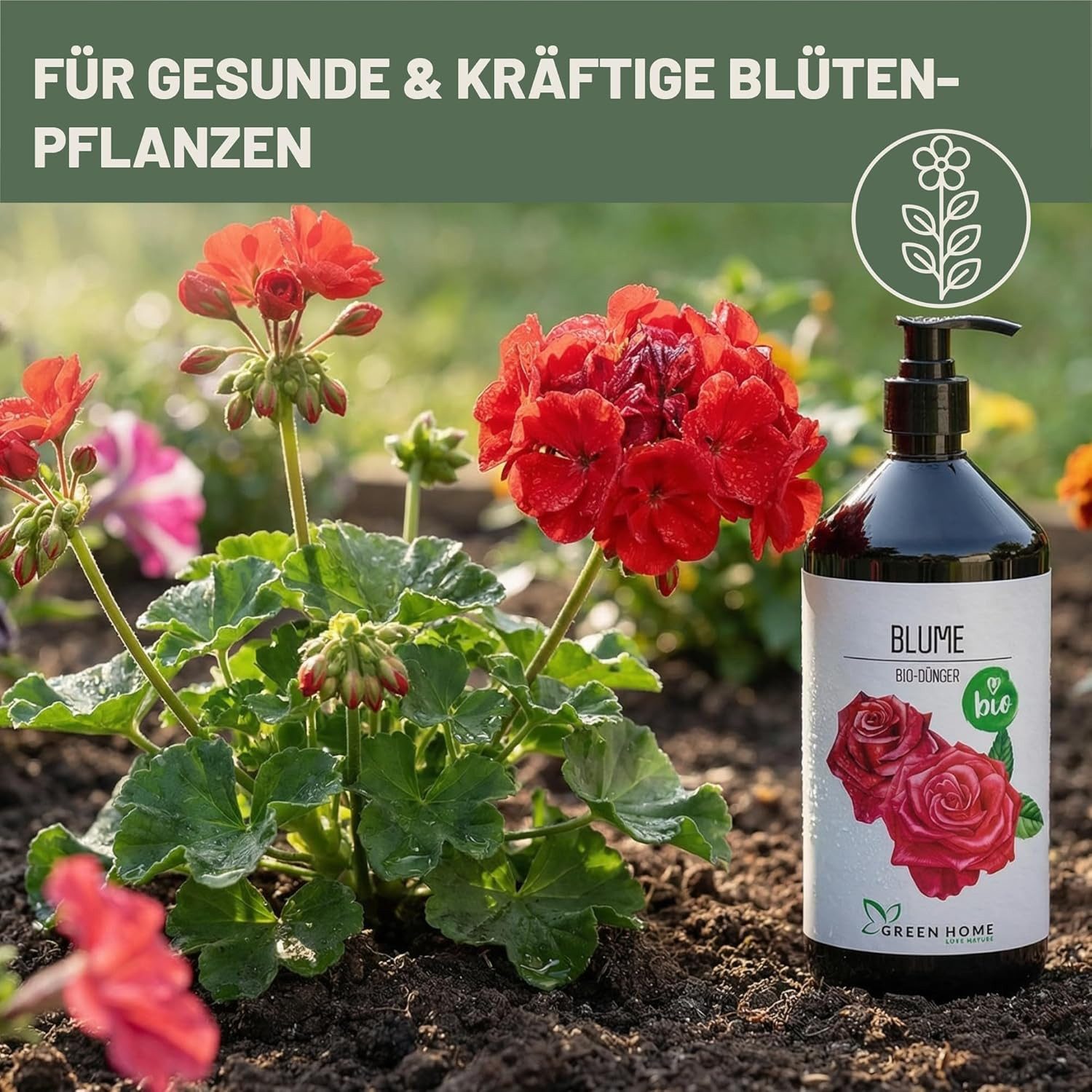 GREEN HOME LOVE NATURE Blumendünger Bio-Dünger flüssig NPK 3+2+6 für Blüh- & Zimmerpflanzen, Blumen, 100 % bio, organisch-mineralisch, extra Kalium, Dosierpumpe