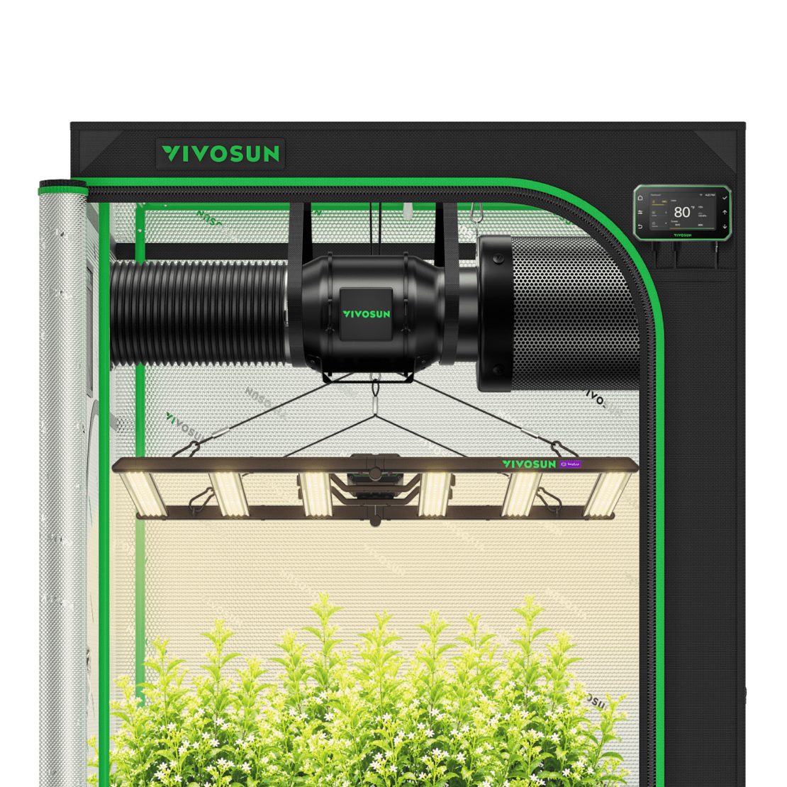 VIVOSUN Gewächshaus VIVOSUN Smart Growbox Komplettset, BxTxH: 120 x 120 x 200 cm, Komplettset inkl. Beleuchtung, Belüftung und WLAN-Steuerung, LumaLight 500W LED, G6-Abluftsystem und E42A+ Smart-Controller