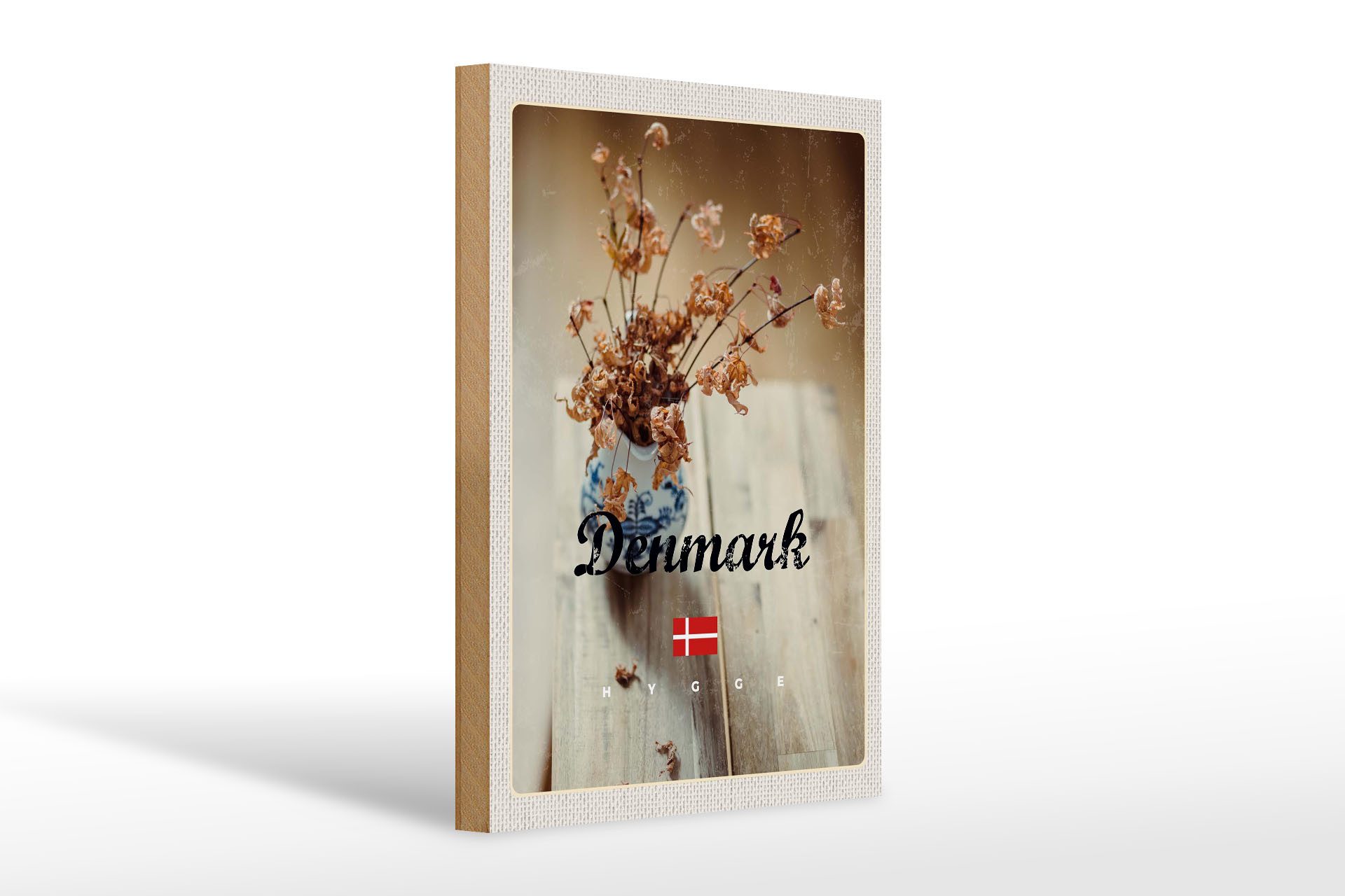 Holzbild Reise 20x30cm Dänemark verwelkte Blumen in Vase