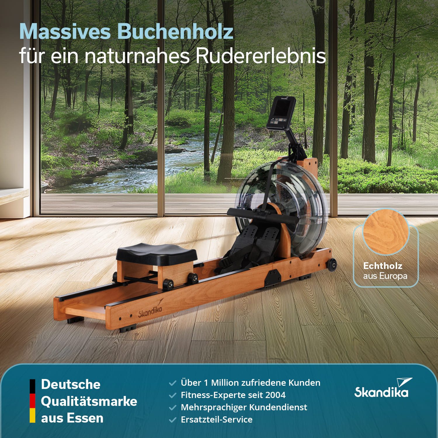 Skandika Rudergerät Lykke Wasserrudergerät für Zuhause, aus Holz, bis 150 kg, 90° Tank, Kinomap kompatibel, massives Buchenholz, Bluetooth, Tablethalterung
