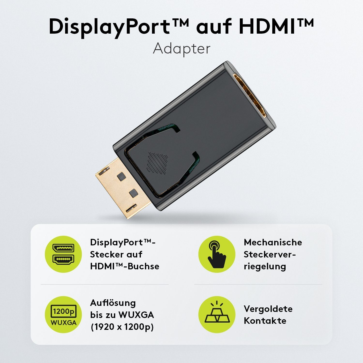 Goobay DisplayPort auf HDMI Stecker HDMI-Adapter DisplayPort zu HDMI Typ A, WUXGA 1920x1200 / Steckerverriegelung / Vergoldete Kontakte / Schwarz