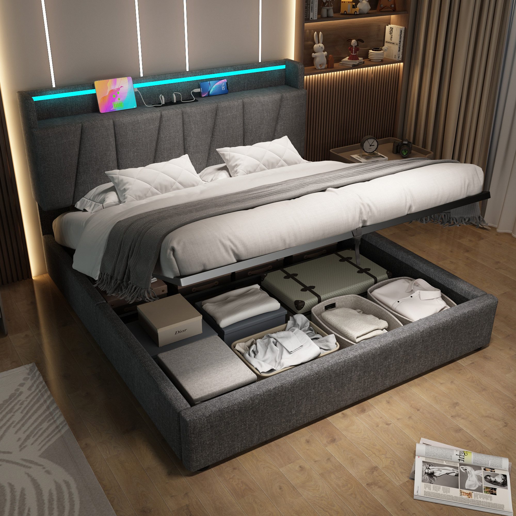 Flieks Polsterbett, Hydraulisches Doppelbett 140x200cm Stauraumkopfteil LED günstig online kaufen