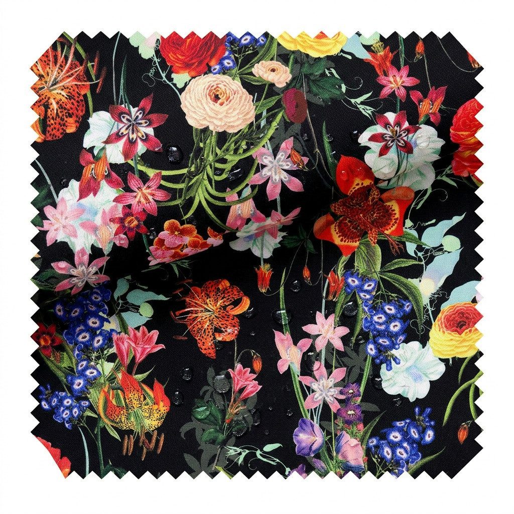 novely® Stoff OXFORD 210D D170 Bunte Blumen Auf Schwarz Printstoff Outdoor, Wasserabweisend, Outdoor, Meterware, 1lfm
