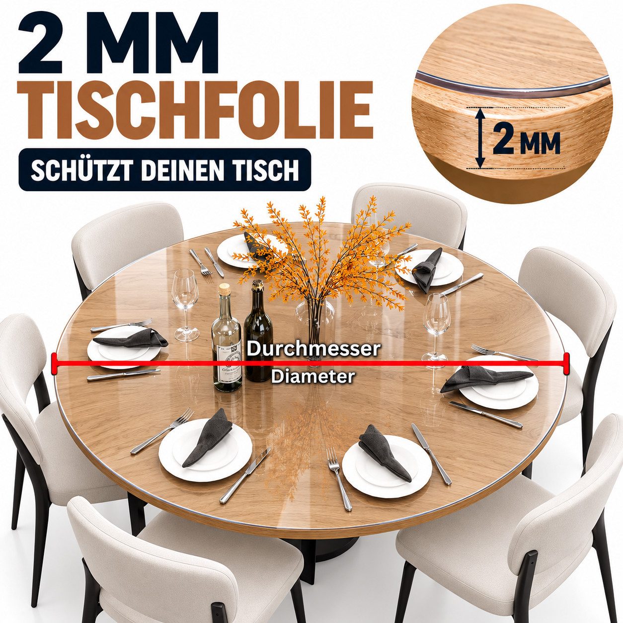 ICQN Tischdecke Runde PVC Tischschutzfolie 2 mm, transparent, kratzfest & hitzefest – Bild 2 von 5