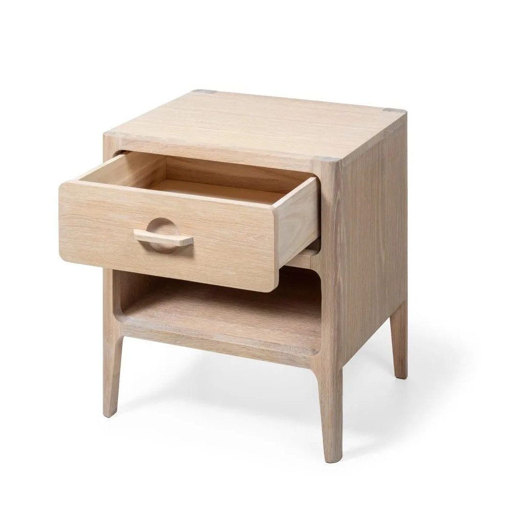 Woodek Design Nachttisch ELIN aus massiver Eiche, weiß geölt, mit Schublade und Ablage (hochwertige Verarbeitung, 1-St., stilvoller Retro-Look), Breite: 47 cm, Tiefe: 41 cm, Höhe: 54,5 cm
