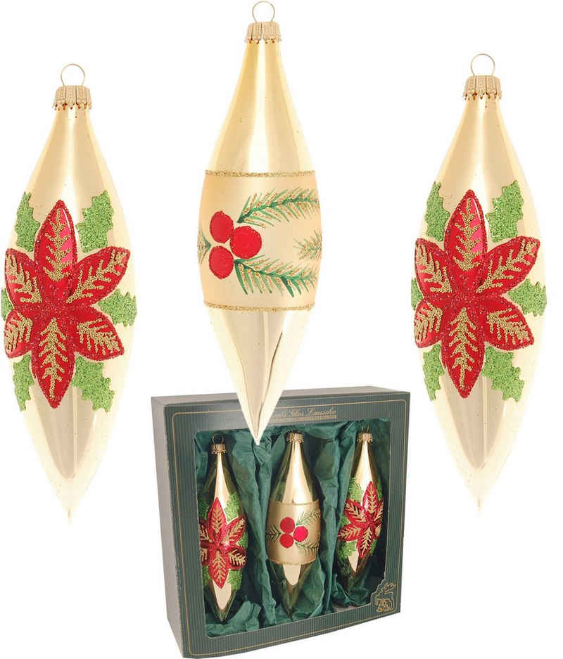 Krebs Glas Lauscha Christbaumschmuck Weihnachtsstern & Beeren, in Olivenform (3-tlg), Weihnachtsdeko, Christbaumkugeln aus Glas, Weihnachtsbaumkugel