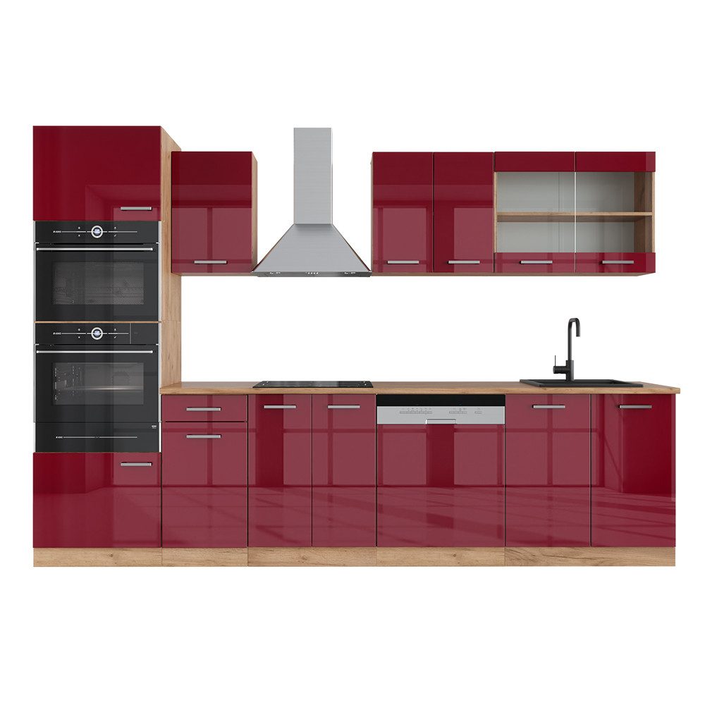 Vicco Küchenzeile R-Line, Rot Hochglanz/Goldkraft Eiche/Goldkraft Eiche, 300 cm mit H...