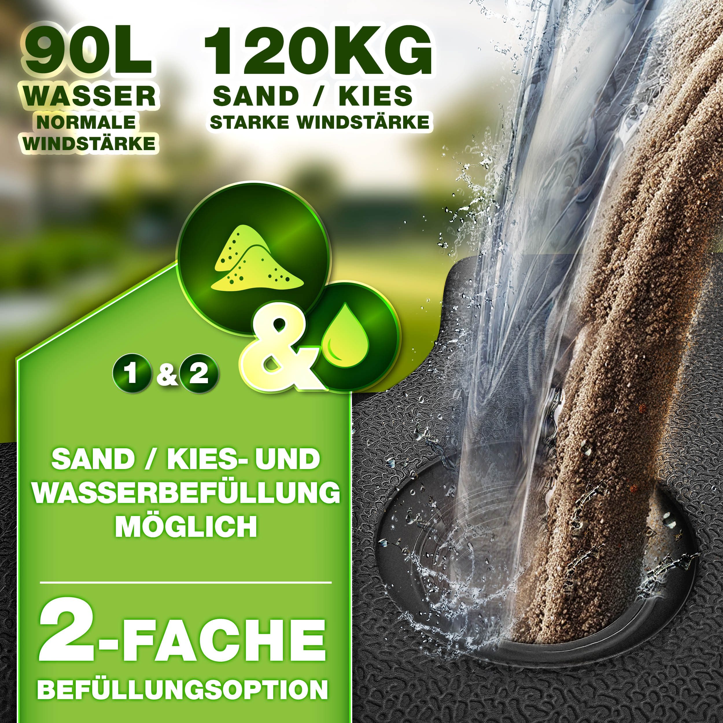 tillvex Sonnenschirm tillvex® Sonnenschirmständer 90L / 120kg Schirmständer Schirmgewicht, Schirmständer Ampelschirmständer wetterfest, inkl. Metallverbinder Schirmgewicht befüllbar, Sonnenschirmständer 90 Liter / 120 kg – 4-teilig für Ampelschirm