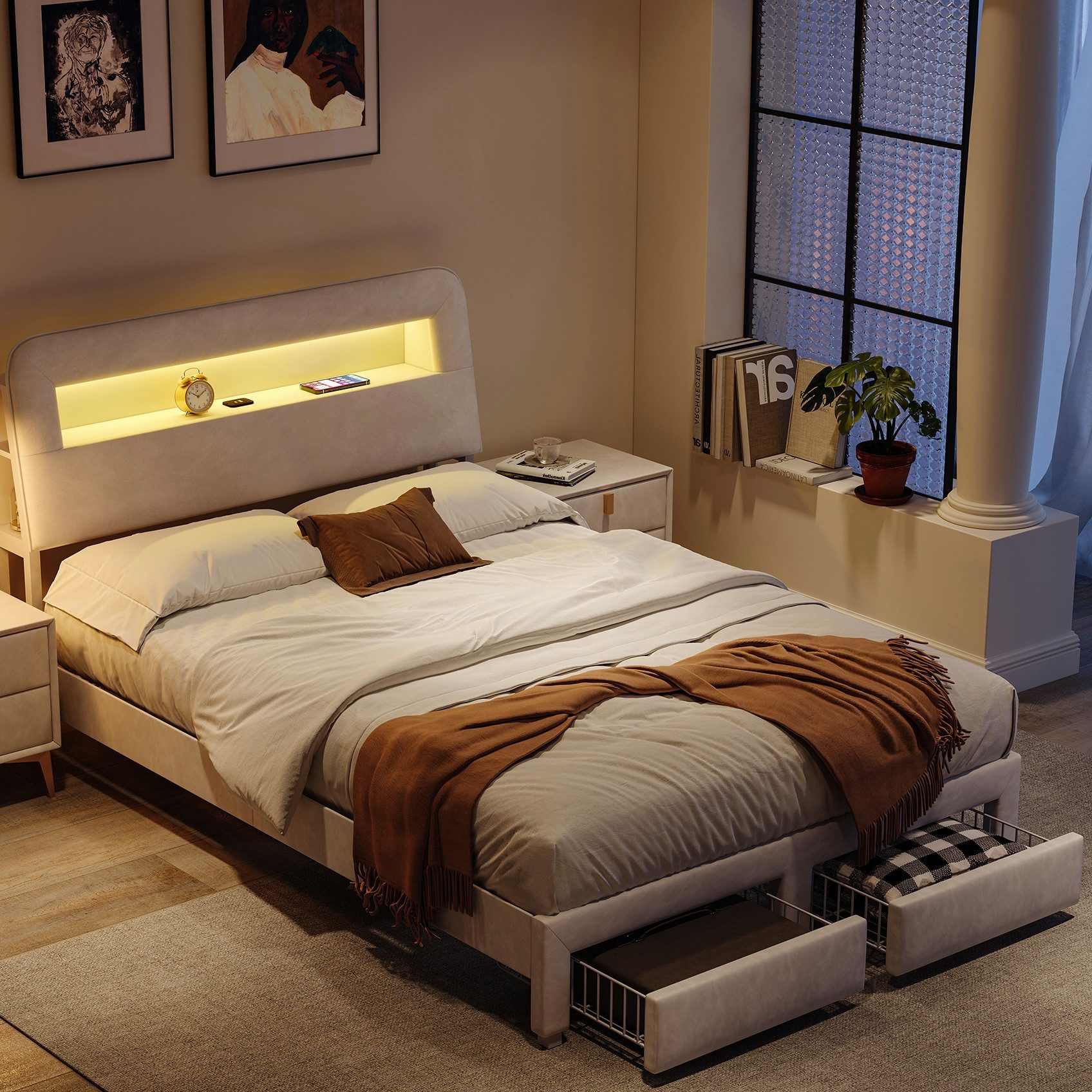 Gdood Polsterbett Stauraumbett Doppelbett LED (1 tlg, Mit Zwei extra große Schubladen), Mit LED-Beleuchtung, USB & TYPE-C Anschlüsse, Samt, 140x200 cm