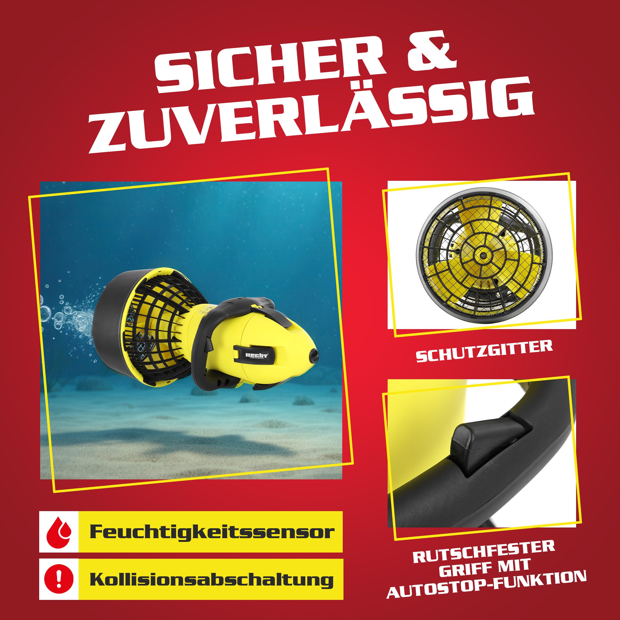 Hecht Schwimmhilfe Wasserscooter bis 5,2 km/h Unterwasser, 24 V Akku mit Ladegerät, 500 W, 10 m Tauchtiefe, 30 - 50 min Laufzeit