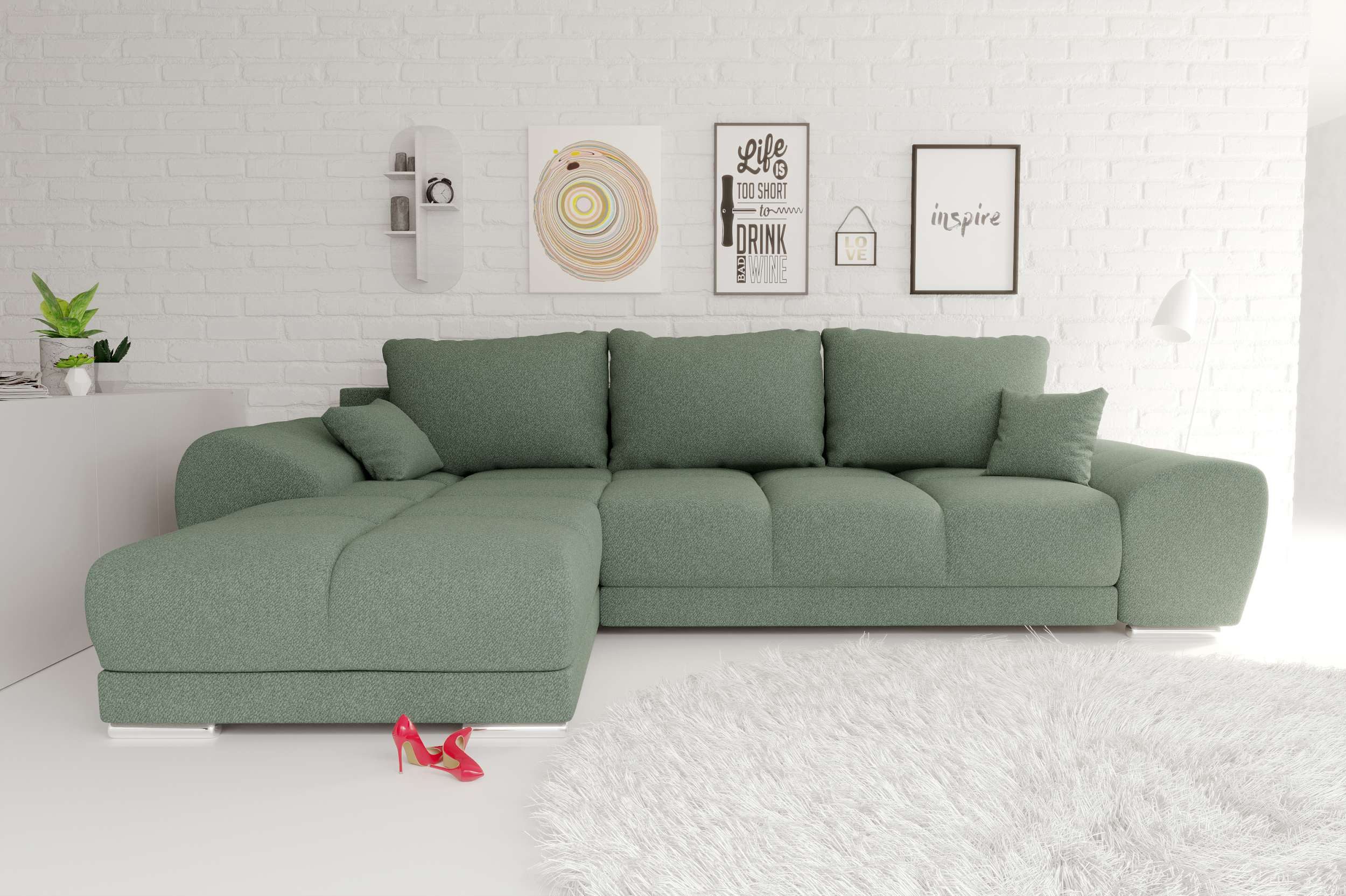 99rooms Ecksofa Antalya, Sofa L-Form, Eckcouch, mit Rückenkissen, Schlaffunktion, Strukturstoff NEVE
