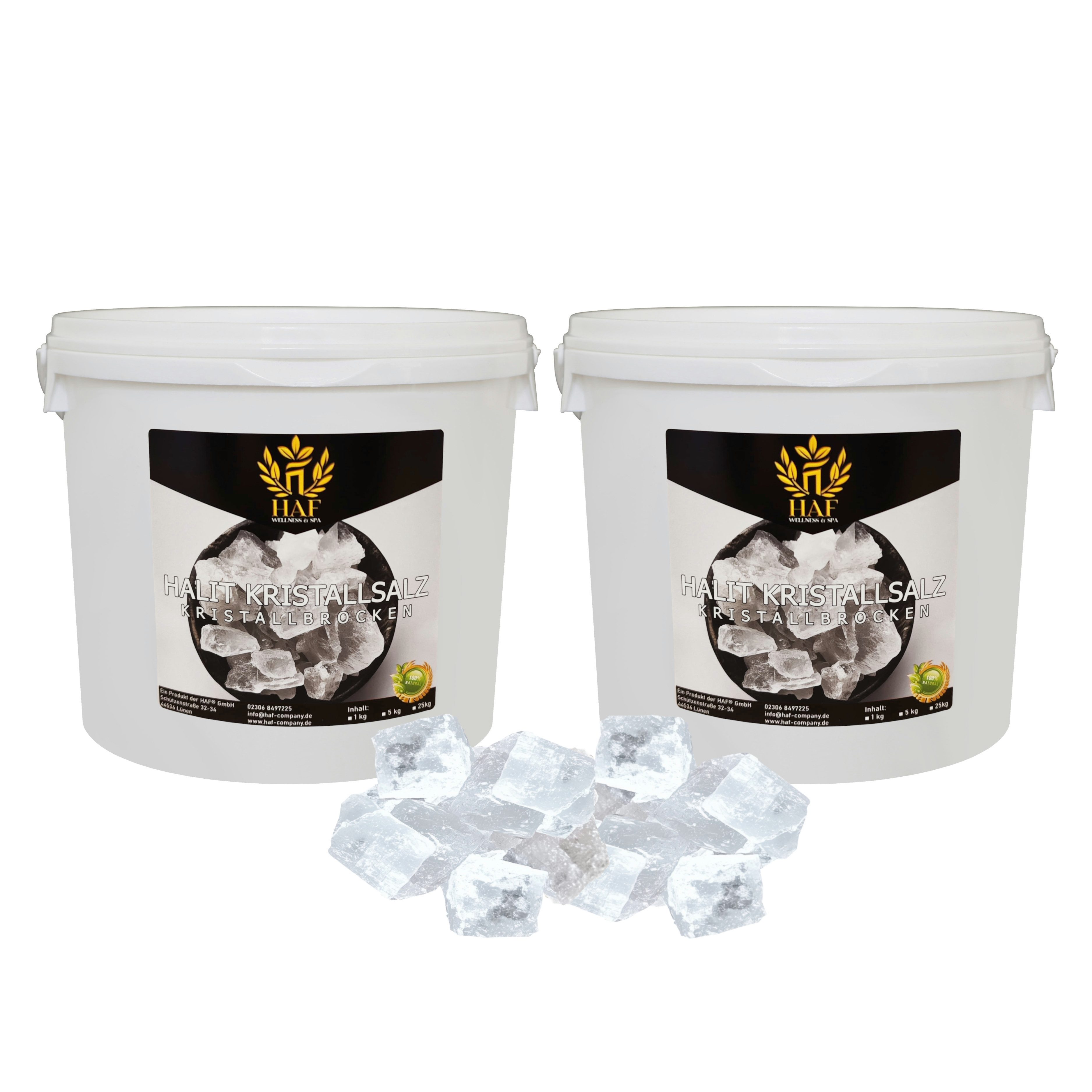 HAF Кристаллы соли Weiße Halit Salzbrocken 1-25 kg Steinsalz Brocken grobes Salz 2-5cm, (Naturbelassen aus der Salt Range in Pakistan, 10 St., 2 x 5 kg in Eimern), Grobe Steinsalz Brocken ohne Zusätze