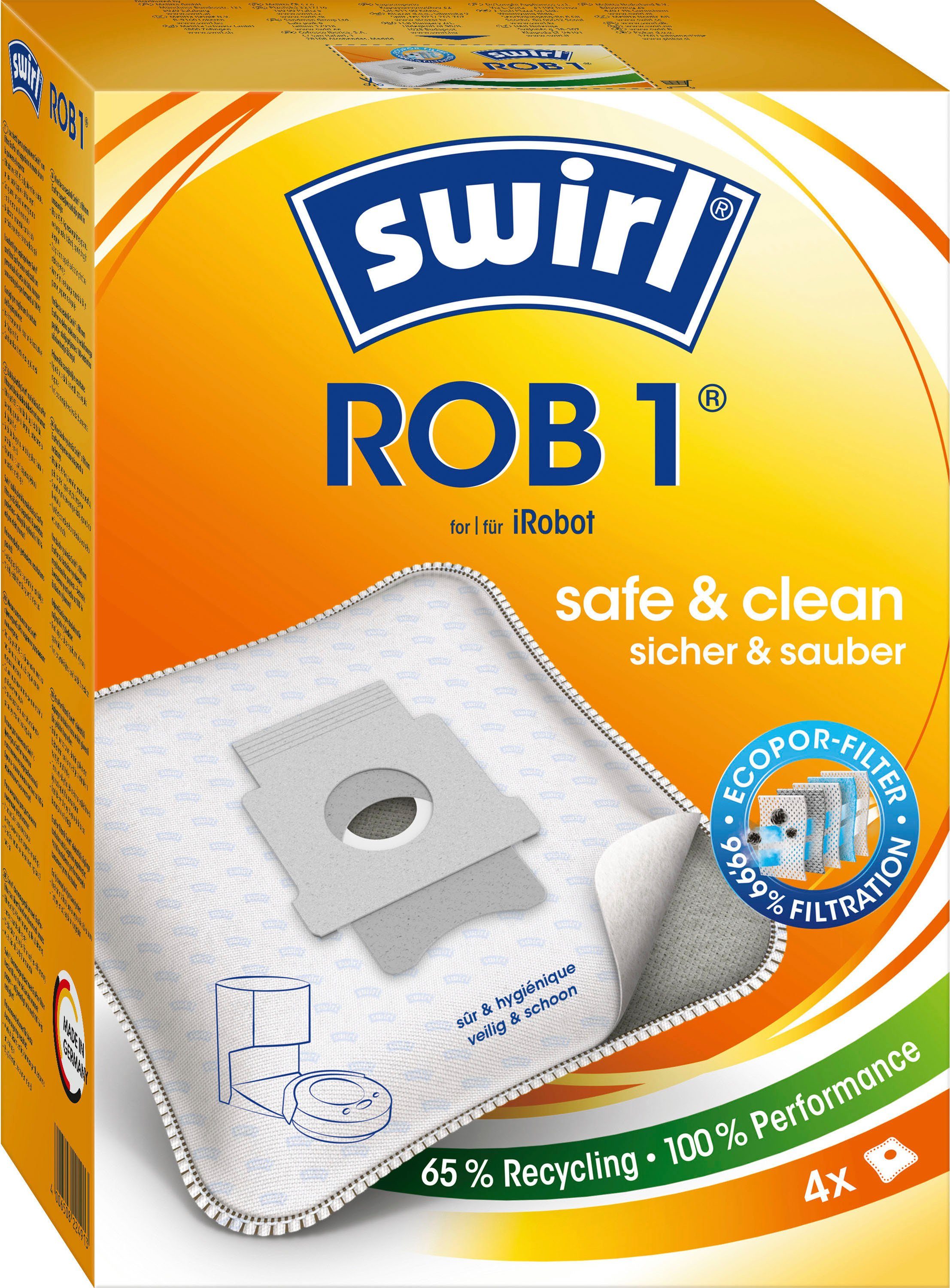 Swirl Staubsaugerbeutel ROB 1®, für iRobot Clean Base Automatische Absaugstation, 4er-Pack