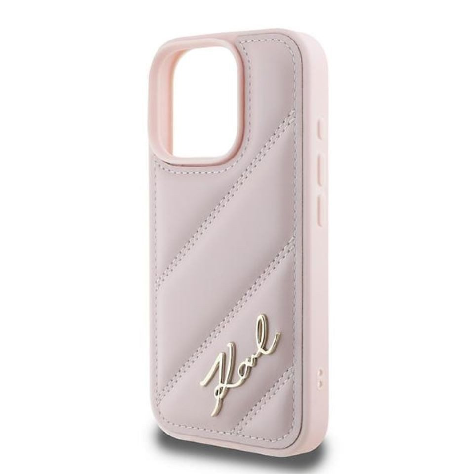 KARL LAGERFELD Handyhülle iPhone 16 Pro Max Kunstleder rosa Logo goldfarbig 6,9 Zoll, Kantenschutz