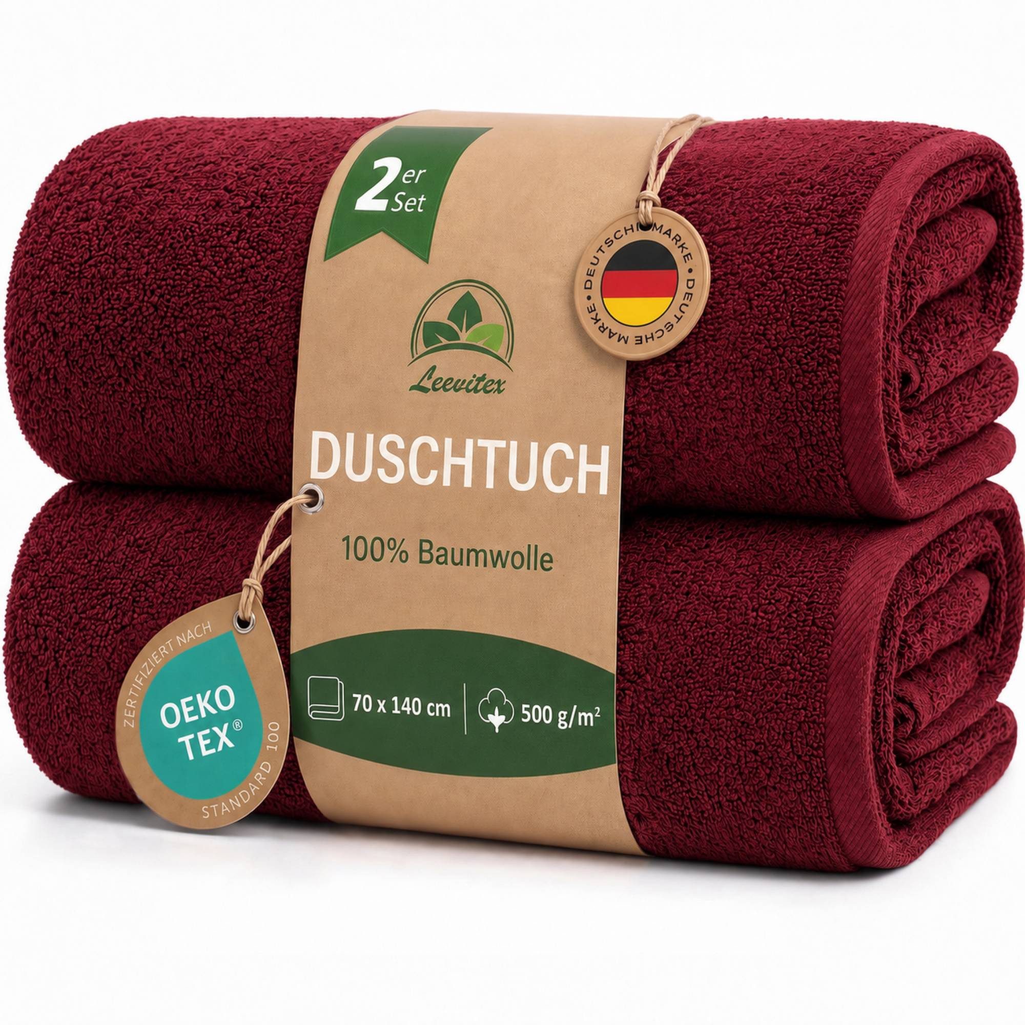 leevitex® Duschtücher 2er-Set, 70x140 cm, 100% Baumwolle, saugstark und fusselfrei, Frottee (Set, 2-St), OEKO-TEX® STANDARD 100 zertifiziert, gestreifte Bordüre