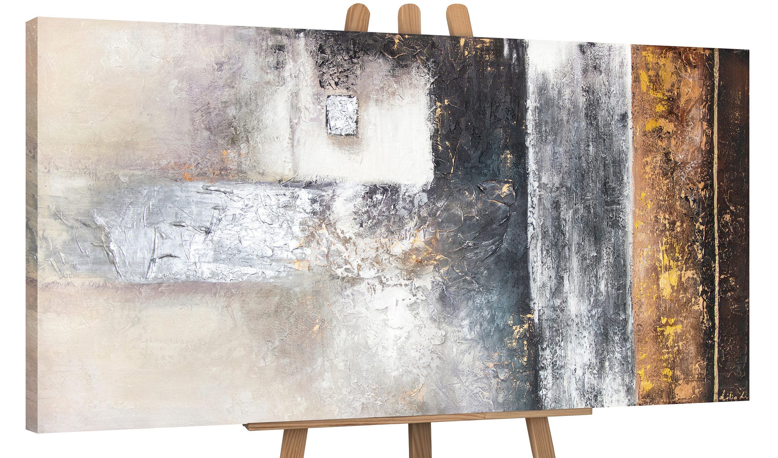 Yihui Arts Schwarz-weiß Leinwandbild – Handgemalt Mit Goldfolie & Schwebendem Rahmen