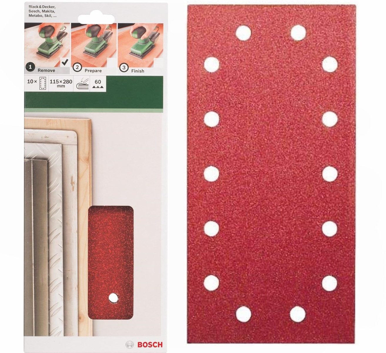 BOSCH Schleifpapier Schleifblatt Klett 10 x, 115 x 280 mm, K 60 für Schwingschleifer