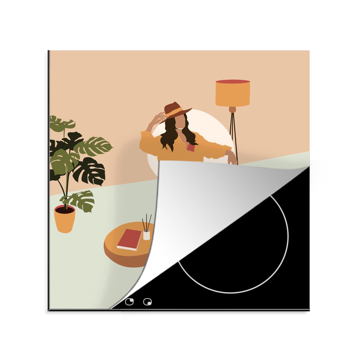 MuchoWow Herdblende-/Abdeckplatte Frau - Stuhl - Hut - Pastell, Vinyl, (1 tlg), 78x78 cm, Ceranfeldabdeckung, Arbeitsplatte für küche
