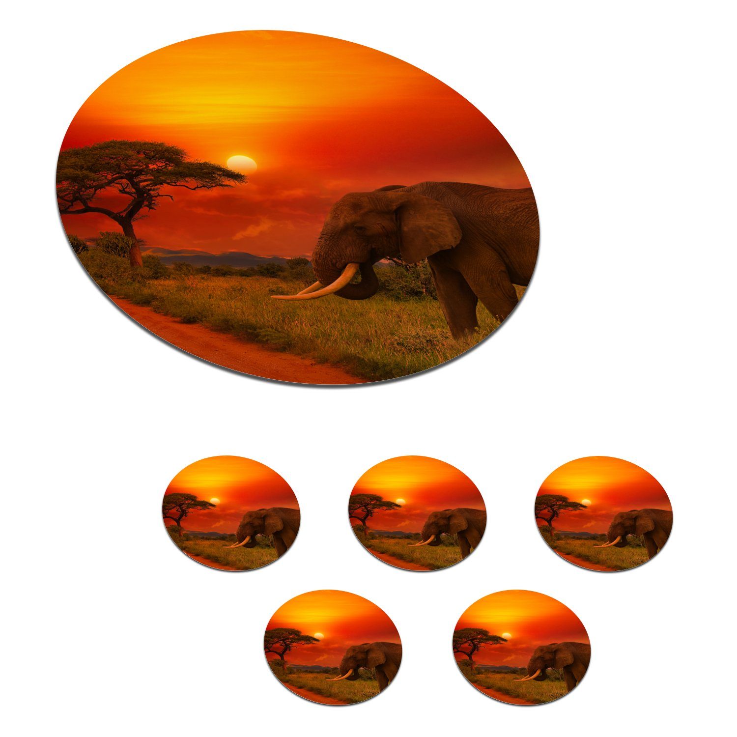 MuchoWow Glasuntersetzer Elefant - Sonnenuntergang - Orange - Savanne - Tiere, Zubehör für Gläser, 6-tlg., Getränkeuntersetzer, Tassenuntersetzer, Korkuntersetzer, Tasse, Becher