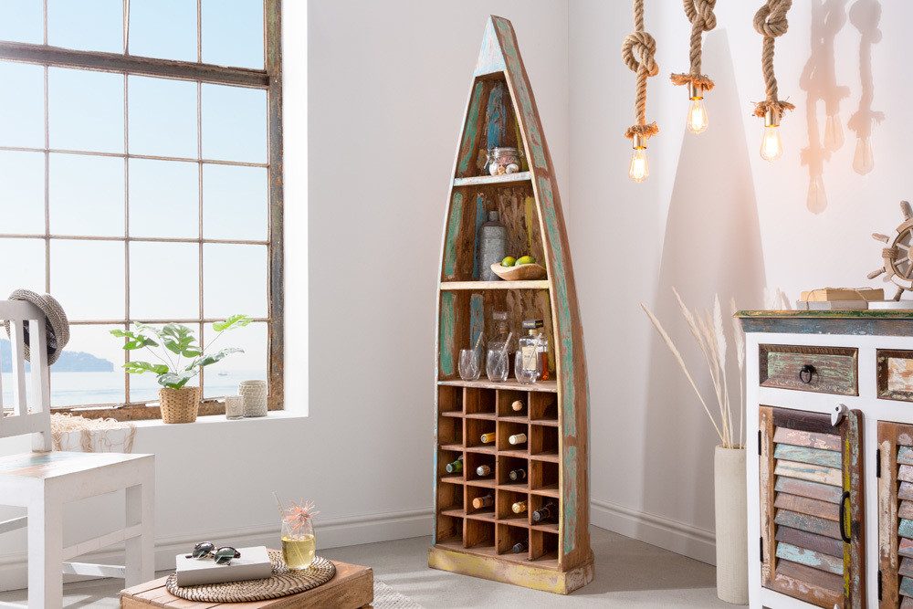 riess-ambiente Weinregal JAKARTA 190cm natur / braun / bunt, Einzelartikel 1-tlg., Wohnzimmer · Massivholz · Boot · stehend · für 20 Flaschen · Boho