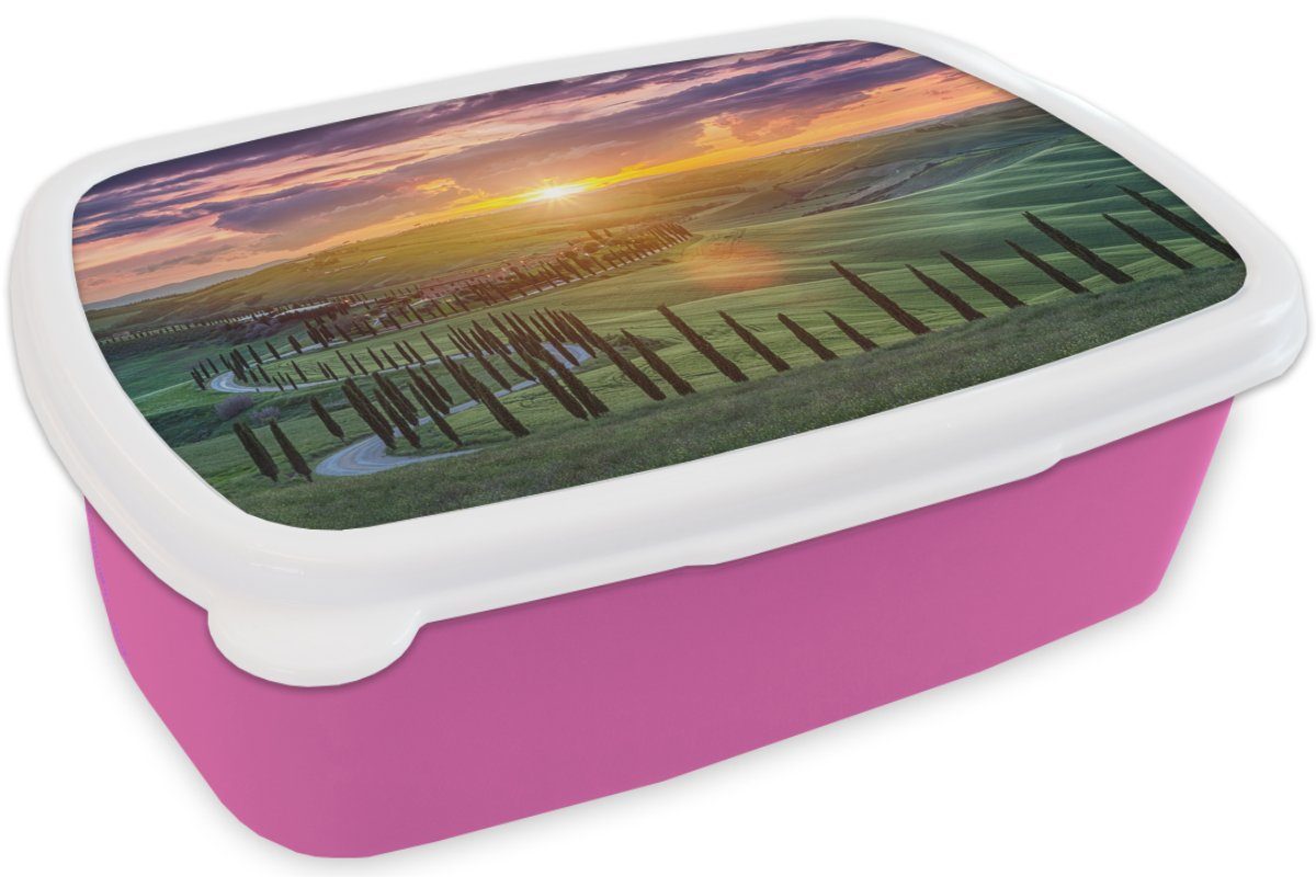Erwachsene, Kunststoff Toskana, Lunchbox MuchoWow Snackbox, (2-tlg), Brotbox Mädchen, Sonnenuntergang Kinder, Kunststoff, rosa für - Italien - Brotdose