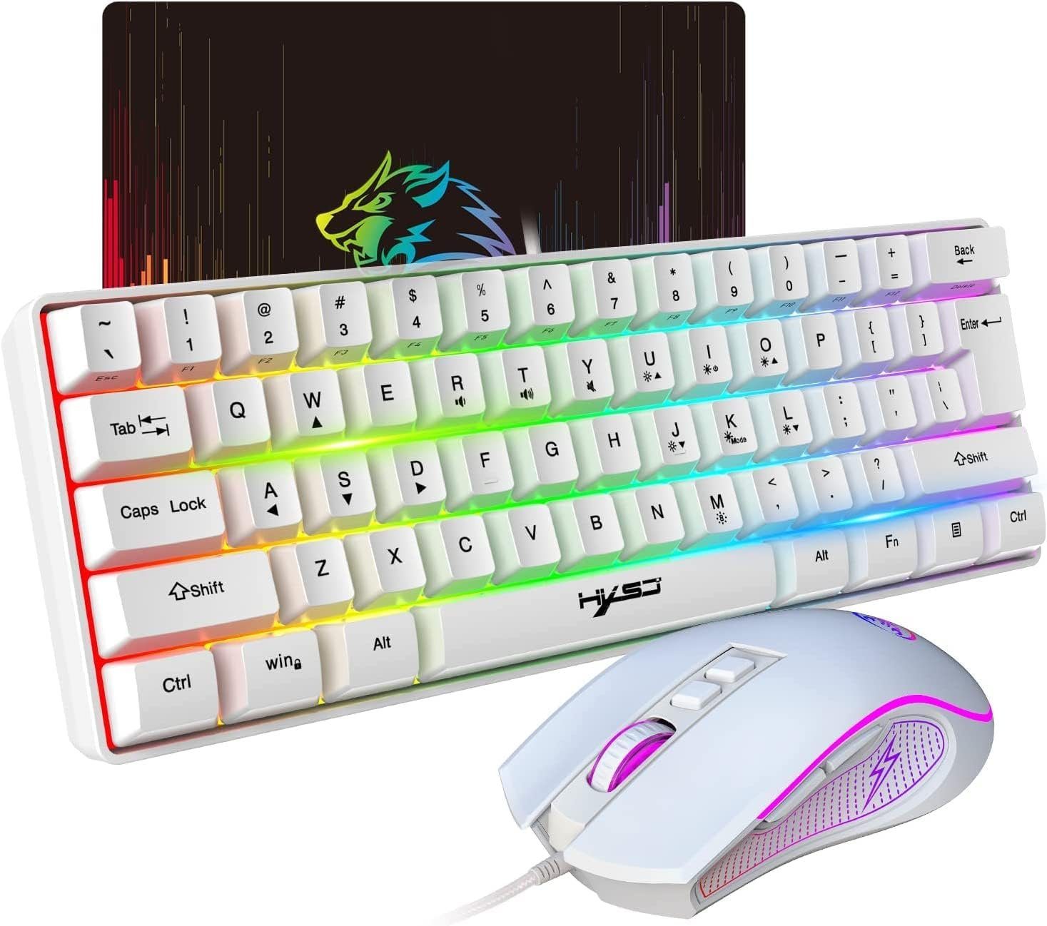HXSJ 60% Kompakte Tastatur,61 Tasten,TKL Layout,RGB-Beleuchtung Tastatur- und Maus-Set, Optische Gaming-Sensormaus mit 7 Tasten,7-Farbiges LED-Licht