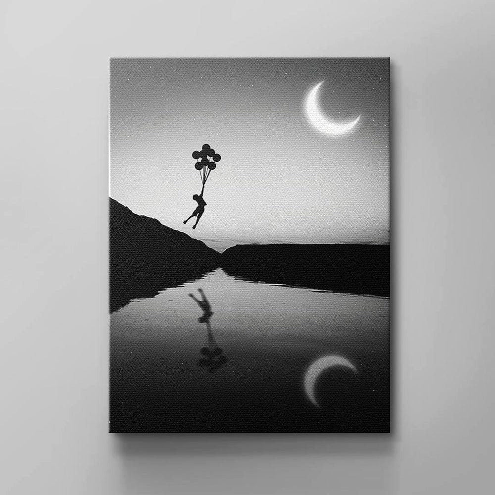 DOTCOMCANVAS® Leinwandbild Ballon Kid, Wandbild Natur Fluss Mond fliegen Kind Junge Ballon schwarz grau wei ohne Rahmen